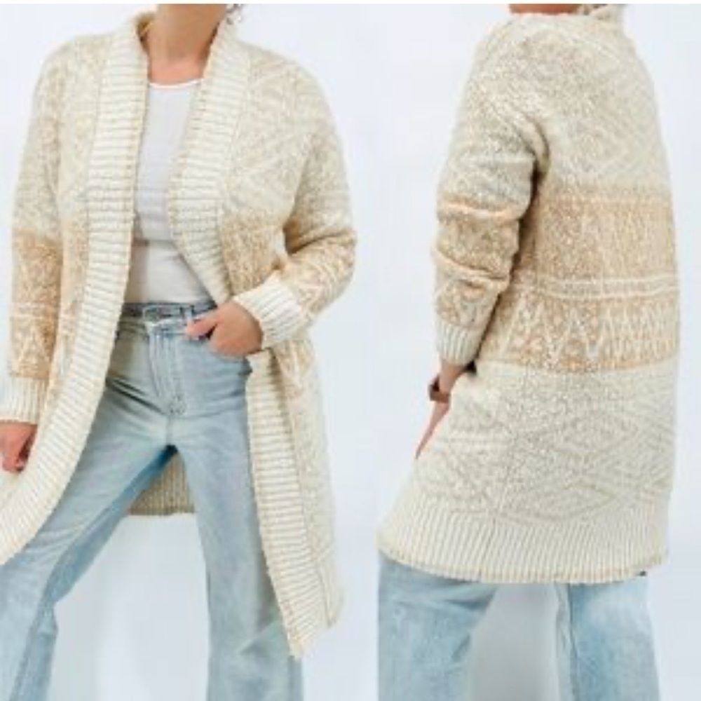 Joie Cardigan Open Front Longline Nordic Knit Beige Size Large